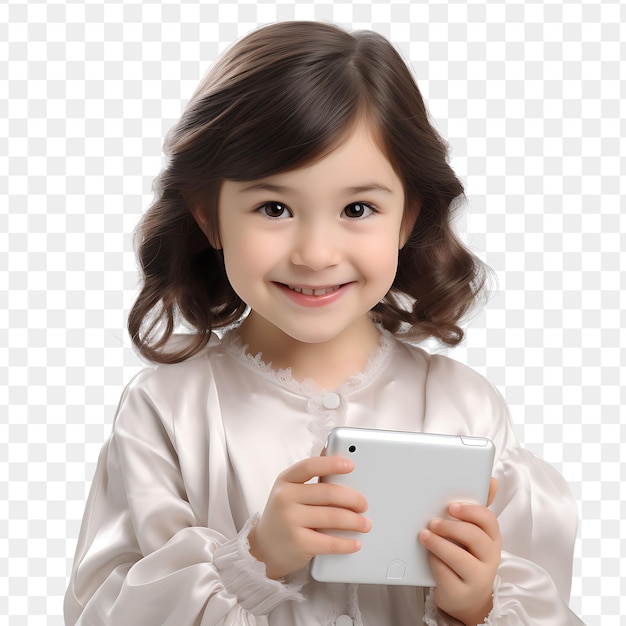 PSD una niña está sosteniendo una tableta con una pantalla blanca detrás de ella