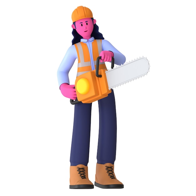 Niña sostiene la motosierra Trabajador de la construcción 3D