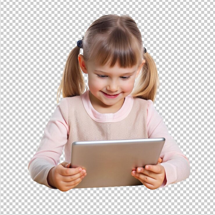 PSD una niña con una tableta en la mesa