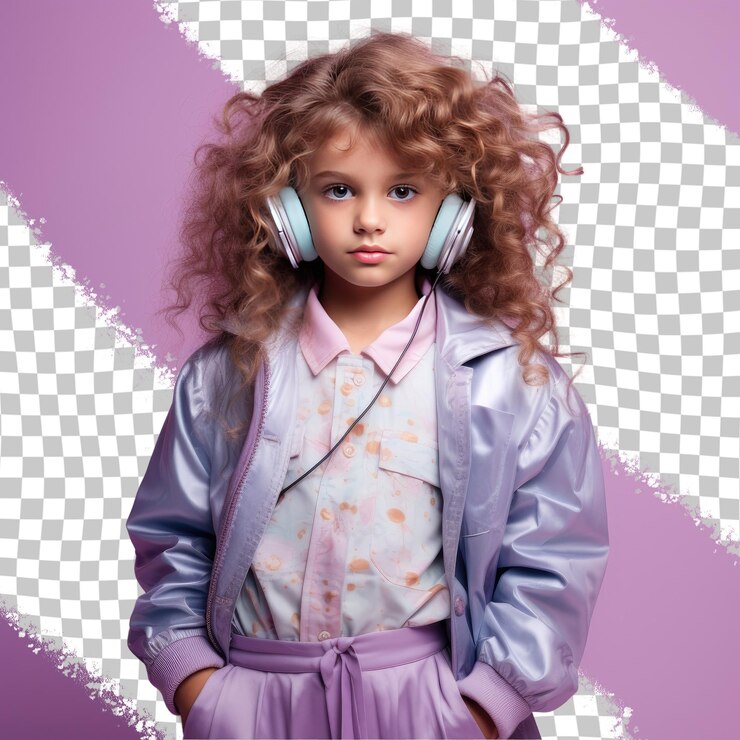 PSD una niña temerosa con cabello ondulado de la etnia eslava vestida con ropa de disc jockey posa en un estilo de pie con caderas inclinadas contra un fondo de lila pastel