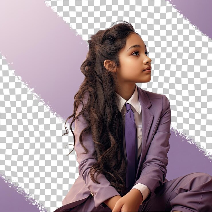 PSD una niña toddle ansiosa con cabello largo de la etnia isleña del pacífico vestida con un atuendo de analista de investigación de mercado posa en un estilo de silueta de perfil sobre un fondo lila pastel