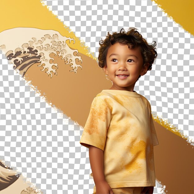 Una niña toddle pesimista con cabello corto de la etnia asiática vestida con ropa de olas de surf posa en un estilo inclinado contra una pared contra un fondo amarillo pastel