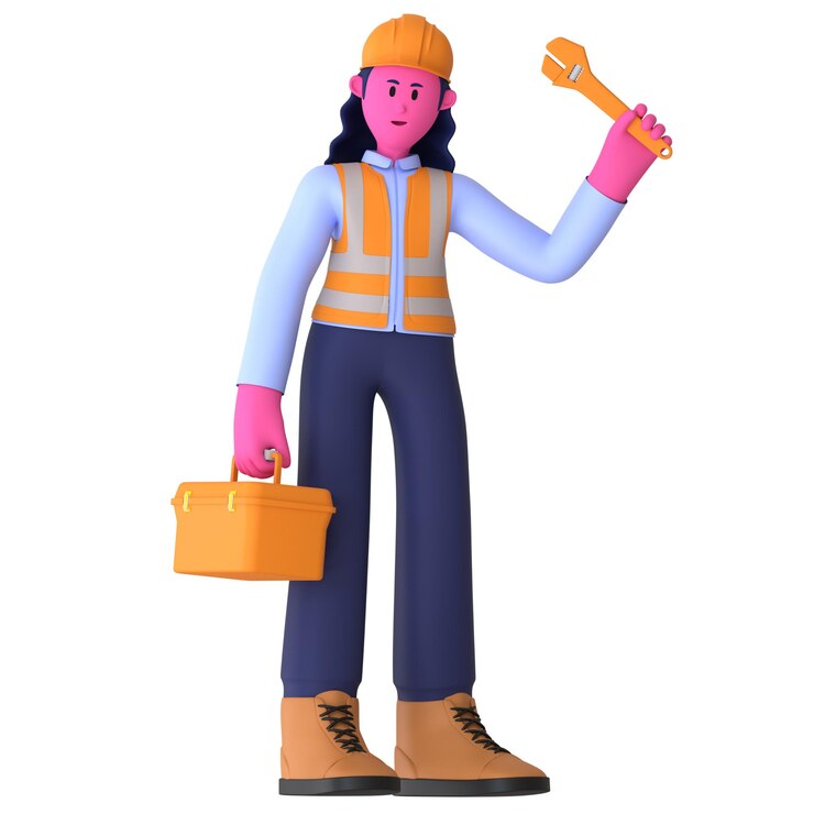 PSD niña trae kits de herramientas trabajador de la construcción 3d