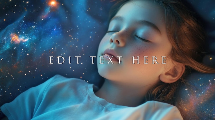 PSD una niña tranquila durmiendo profundamente con un telón de fondo espacial soñador