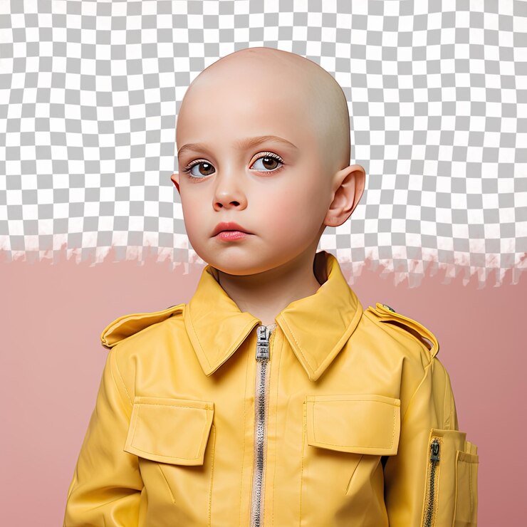 PSD una niña triste con cabello calvo de la etnia escandinava vestida con atuendo de controlador de tráfico aéreo posa en un estilo de mirar por encima del hombro contra un fondo amarillo pastel