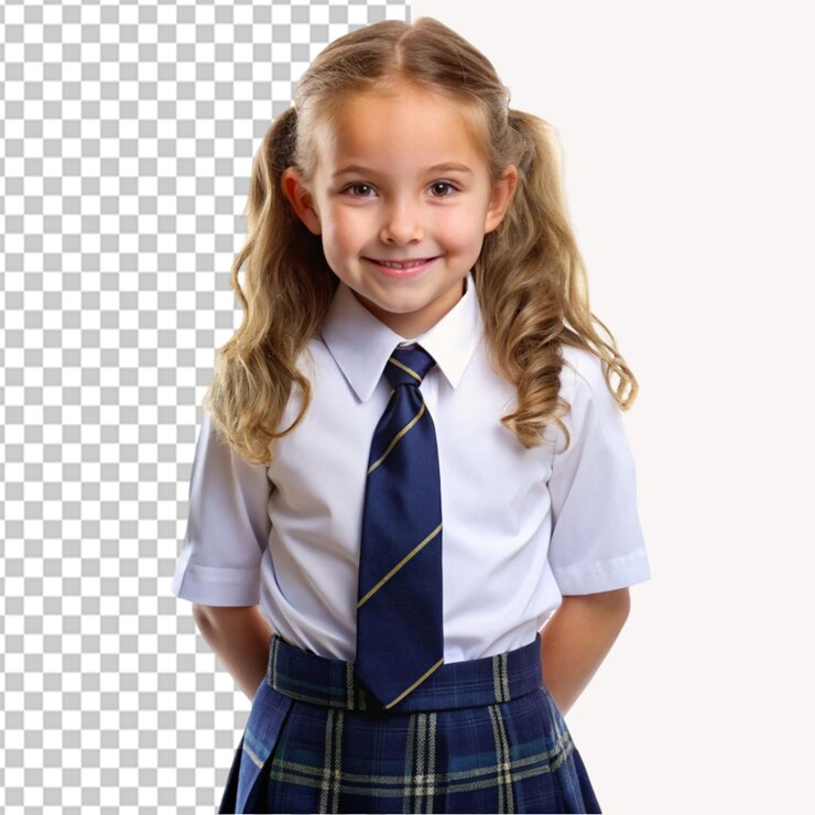 PSD niña con uniforme escolar en un fondo transparente