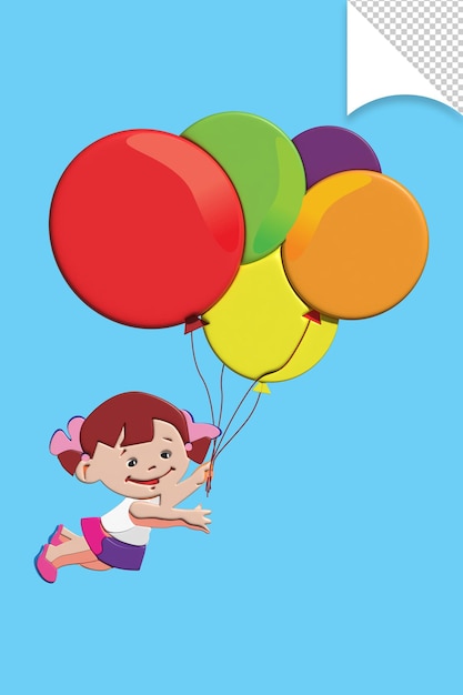 Una niña volando con globos en un cielo azul.