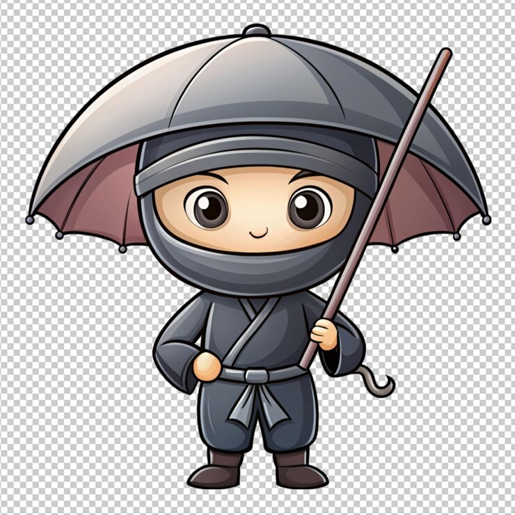 PSD un ninja lindo con un paraguas en un fondo transparente