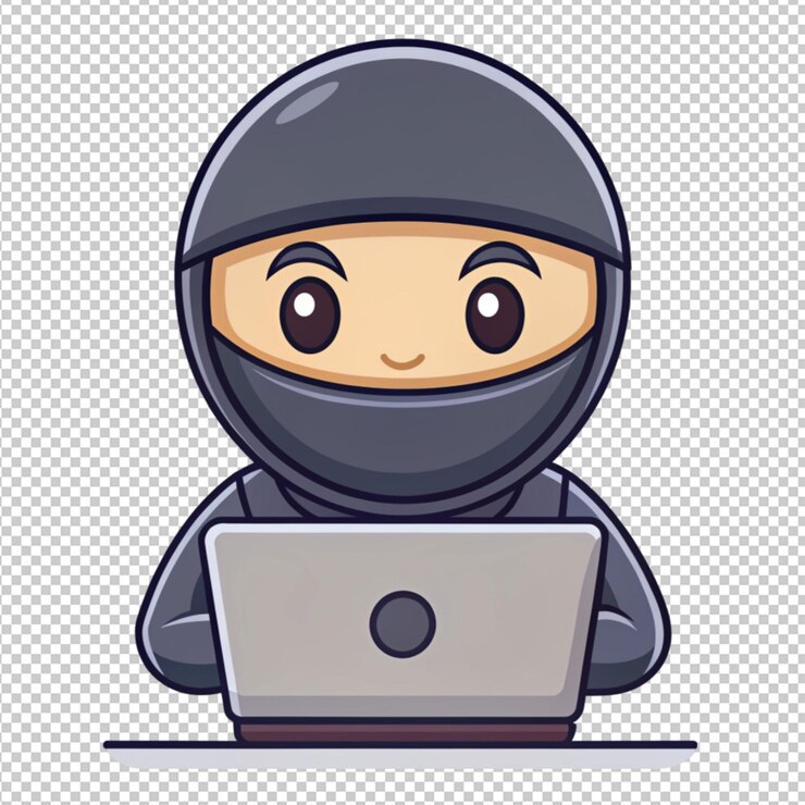 PSD un ninja lindo trabajando en una computadora portátil con dibujos animados en un fondo transparente