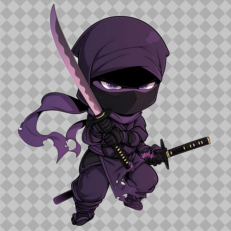 PSD un ninja púrpura con una espada y la palabra ninja en él