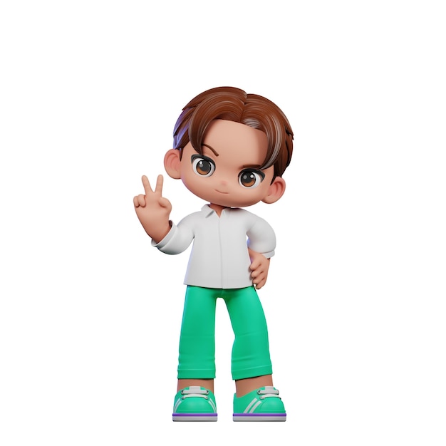 Niño de 3d con camisa larga blanca y verde mostrando la pose del signo de la paz