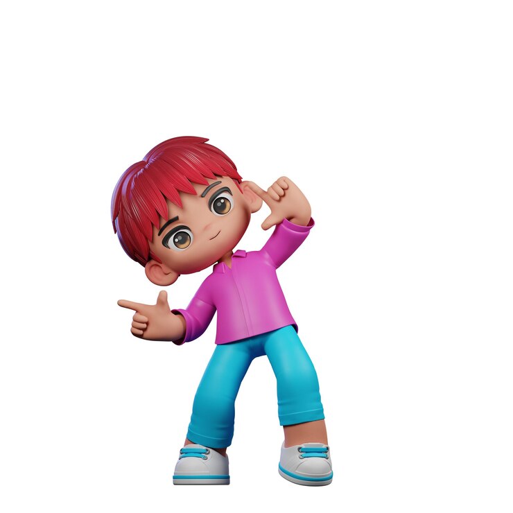 PSD niño de 3d camisa larga rosa azul apuntando a la postura derecha