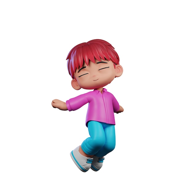 Niño de 3d con camisa larga rosa y azul saltando en el aire