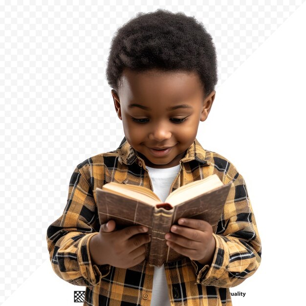 Un niño afroamericano leyendo un libro de magia sobre un fondo blanco.