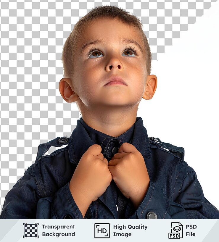 PSD niño ajustando su chaqueta sobre un fondo transparente