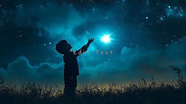 PSD niño alcanzando una estrella brillante en un cielo nocturno