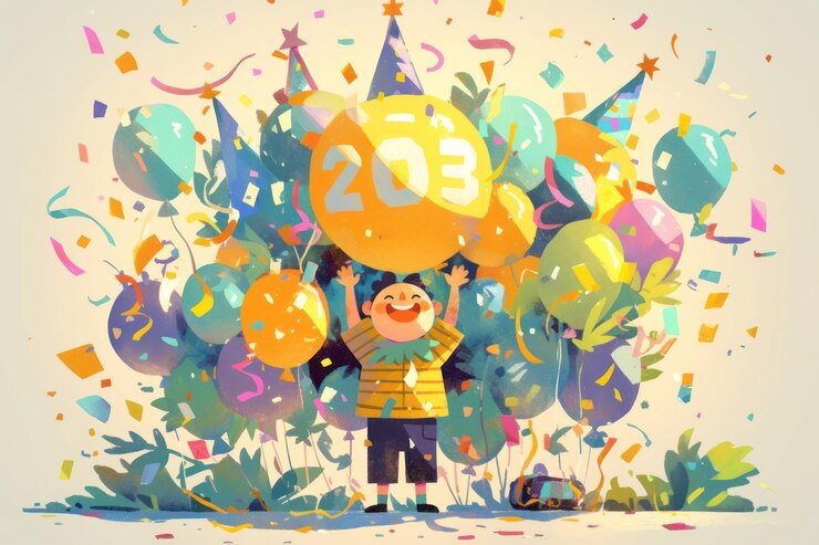 PSD un niño alegre con los brazos levantados sostiene un gran globo con el número 2023 rodeado de globos de colores y confeti celebrando el año nuevo