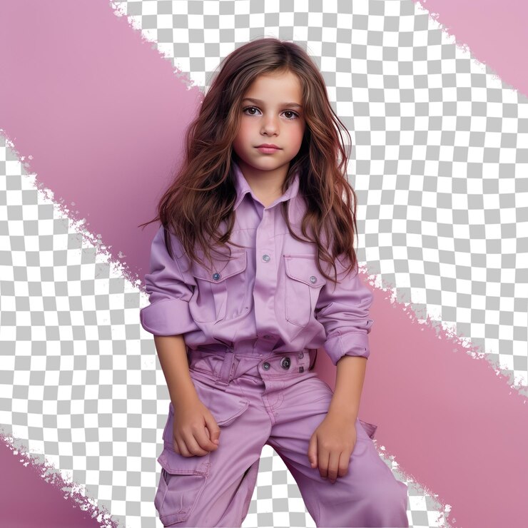 PSD un niño aliviado con cabello largo de la etnia eslava vestido con ropa de constructor posa en un estilo de pie con caderas inclinadas contra un fondo pastel mauve