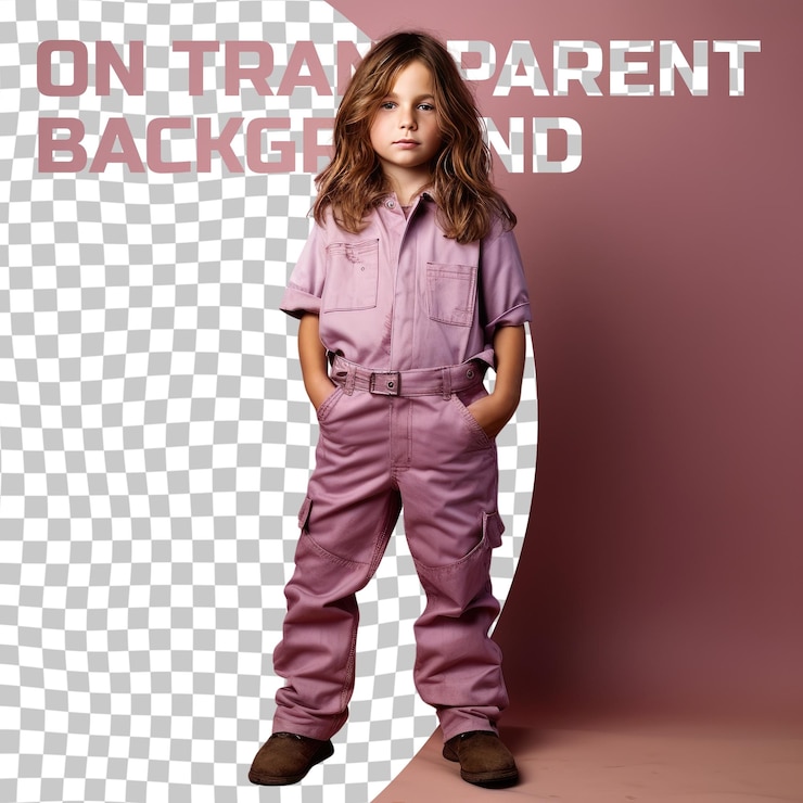 PSD un niño aliviado con cabello largo de la etnia eslava vestido con ropa de constructor posa en un estilo de pie con caderas inclinadas contra un fondo pastel mauve