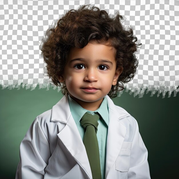 Niño asiático furioso de cabello rizado obstetra ginecólogo pose dramática fondo verde pastel