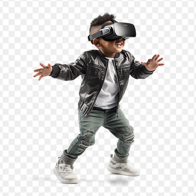 Un niño con un auricular de realidad virtual con las palabras juego en la pantalla