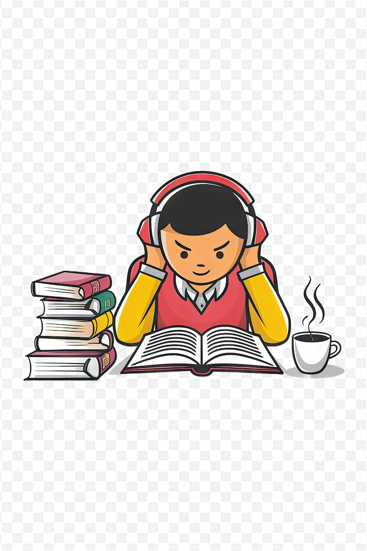 PSD un niño con auriculares y un libro con una taza de café