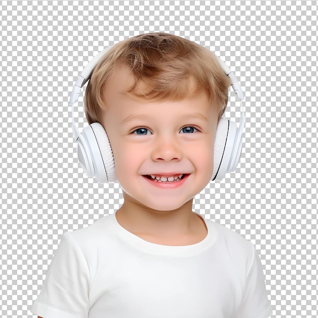 PSD niño blanco europeo con auriculares blancos escuchando música png aislado en un bg transparente