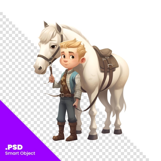 PSD niño con un caballo blanco sobre fondo blanco. ilustración vectorial. plantilla psd