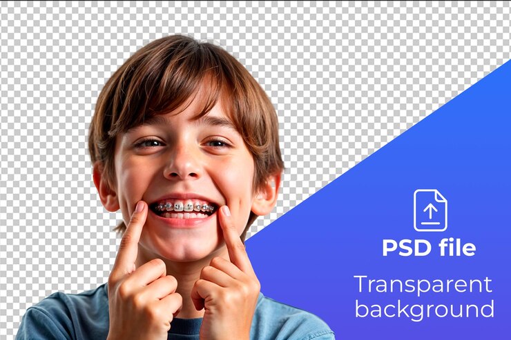 PSD un niño con el cabello corto y marrón y una gran sonrisa con aparatos metálicos en los dientes