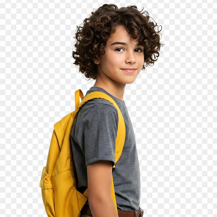 PSD niño con el cabello rizado y la mochila