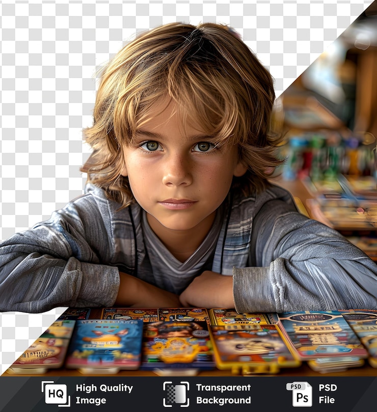 PSD un niño con cabello rubio posa para una imagen transparente sereno y tranquilamente descansando en una mesa colorida o