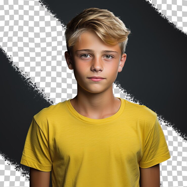 PSD un niño con una camisa amarilla está de pie frente a un cuadrado blanco y negro.