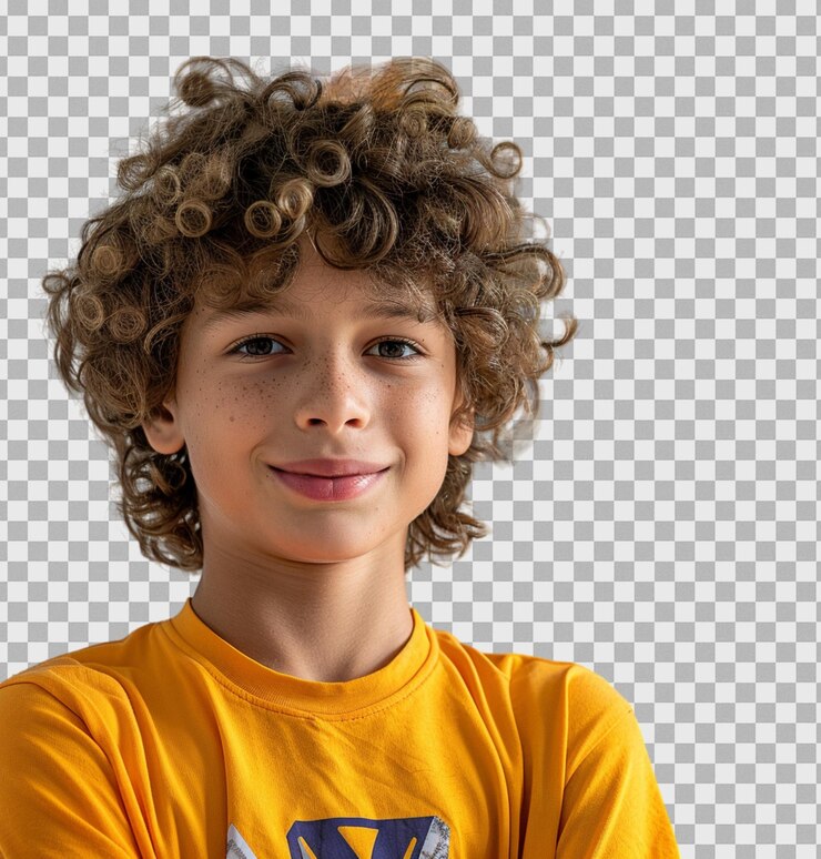 PSD un niño con una camisa amarilla y frente a una imagen en un fondo transparente aislado