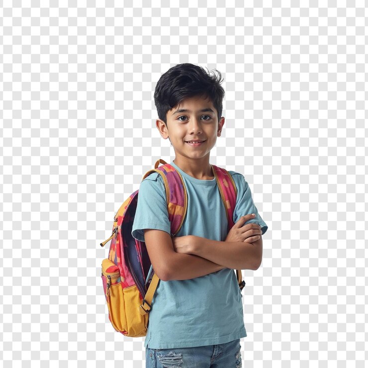 un niño con una camisa amarilla con una mochila verde aislada en un fondo transparente