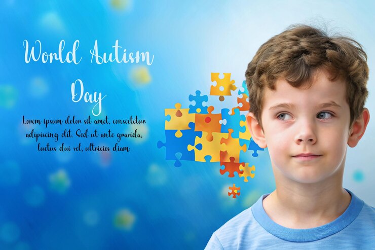 PSD un niño con una camisa azul que dice autismo en el medio de un rompecabezas