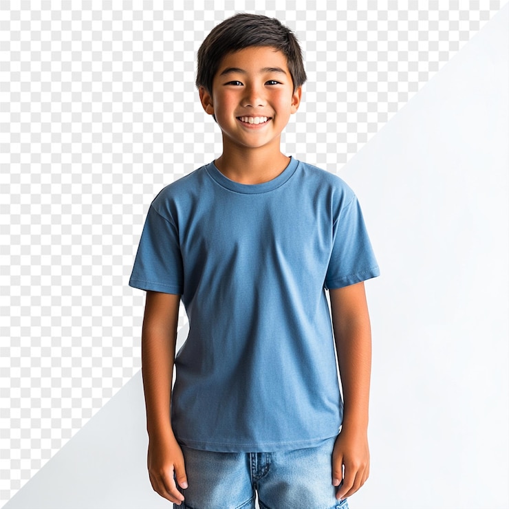 PSD un niño con una camisa azul que dice que está sonriendo