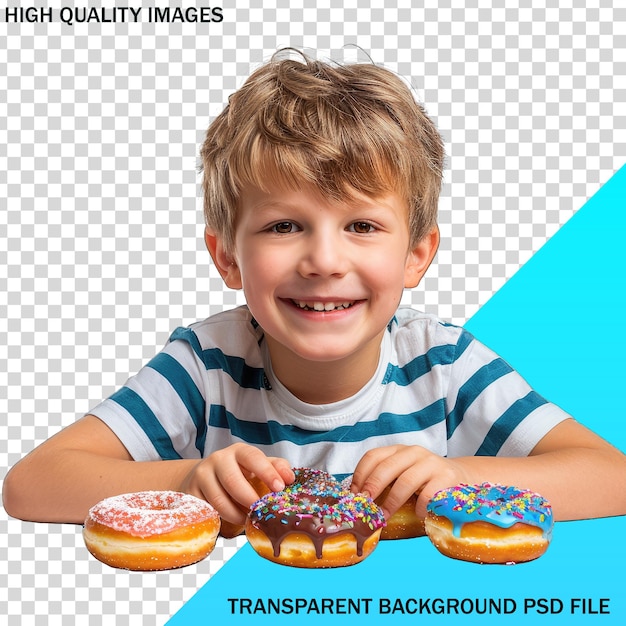Un niño con una camisa a rayas que dice rosquillas de alta calidad en la parte inferior