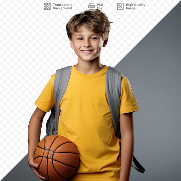 un niño con una camiseta amarilla y una pelota de baloncesto frente a una foto de un niño con una pelota de baloncesto