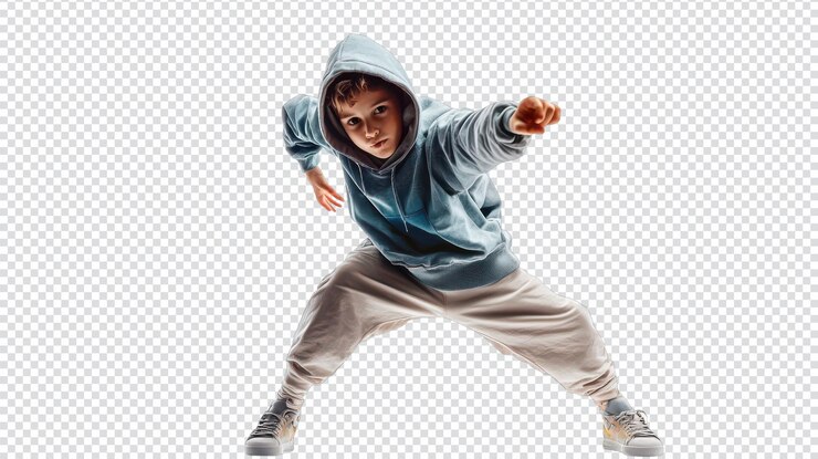 PSD un niño con capucha y zapatillas posando para una sesión de fotos de estilo callejero
