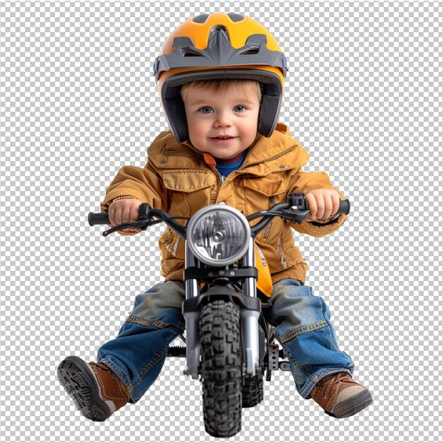 Un niño con casco está montando una motocicleta con un casco amarillo en él