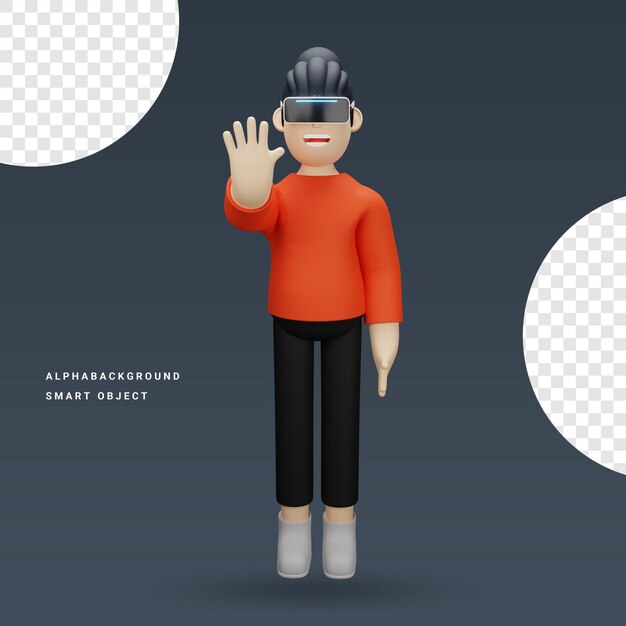 Niño con casco de realidad virtual y agitando la mano ilustración de personajes 3d