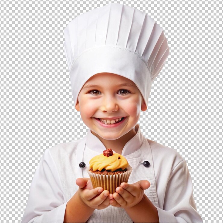 PSD niño chef sosteniendo pastel aislado en un fondo transparente