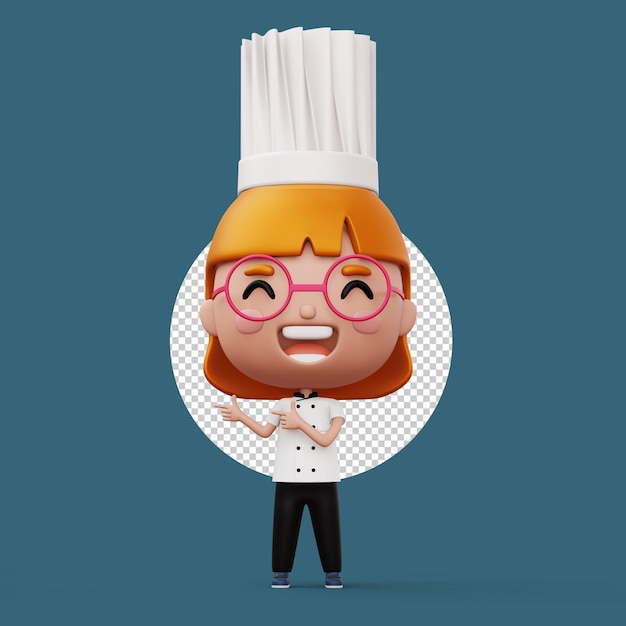 Un niño cocinero feliz con un uniforme de cocinero señalando con el dedo 3D