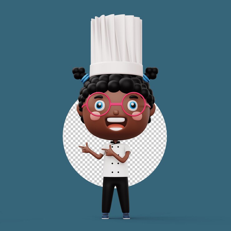 PSD un niño cocinero feliz con un uniforme de cocinero señalando con el dedo 3d