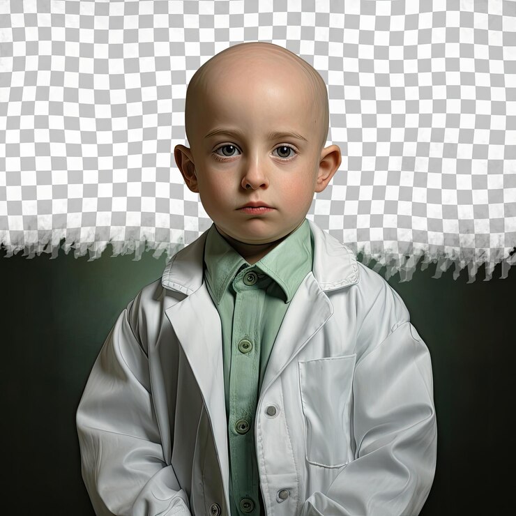 PSD un niño confundido con cabello calvo de la etnia mongola vestido con ropa de científico de investigación posa en un estilo de confianza con los brazos cruzados contra un fondo verde pastel