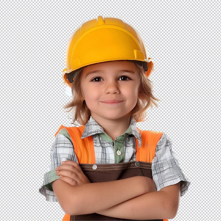 PSD un niño con una construcción de sombrero amarillo