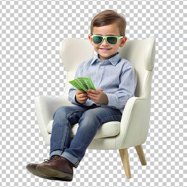 PSD un niño contento con el cabello ondulado de la etnia asiática vestido con traje de empleado de oficina posa en una silla relajada