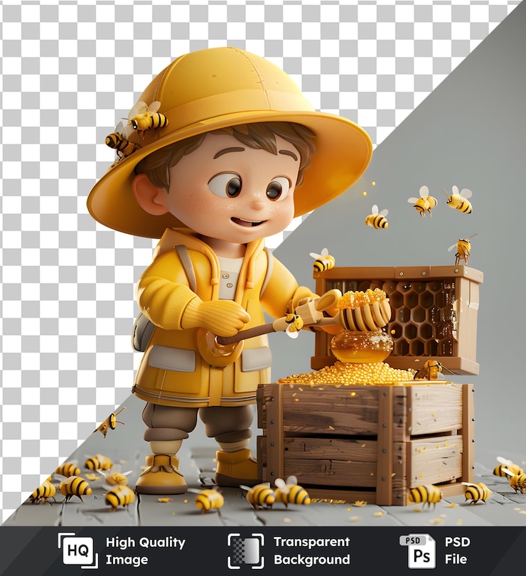 PSD un niño cosechando miel una imagen transparente