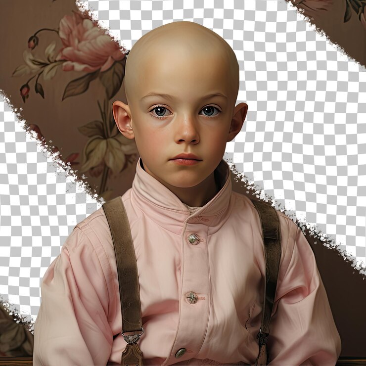 PSD un niño curioso con cabello calvo de la etnia nórdica vestido con ropa de maquinista posa en un estilo de mano elegante en el cuello contra un fondo de rosa pastel