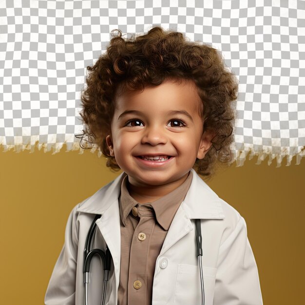 Un niño curioso con cabello rizado de la etnia hispana vestido con ropa de pediatra posa con la cabeza inclinada con un estilo de sonrisa contra un fondo de melocotón pastel